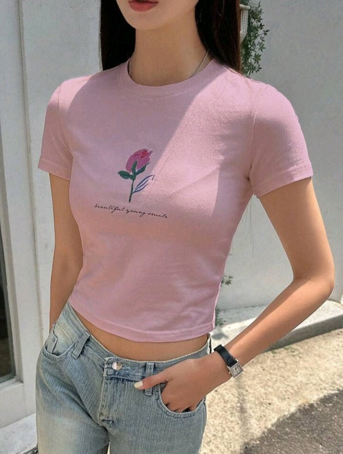 Camiseta de Manga Corta con Estampado de Flor HÑ05