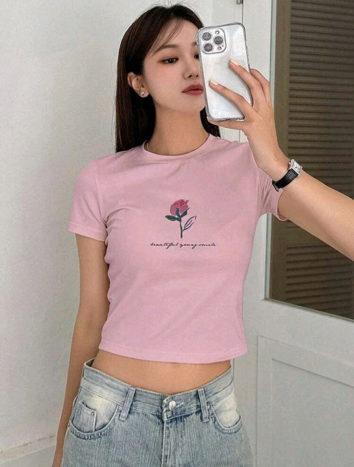 Camiseta de Manga Corta con Estampado de Flor HÑ05