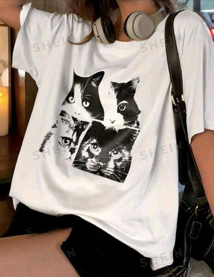 Camiseta de Cuello Redondo con Estampado de Gato GÑ08