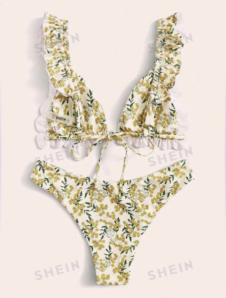 Bikini Estampado Floral con Ribete Fruncido (782)