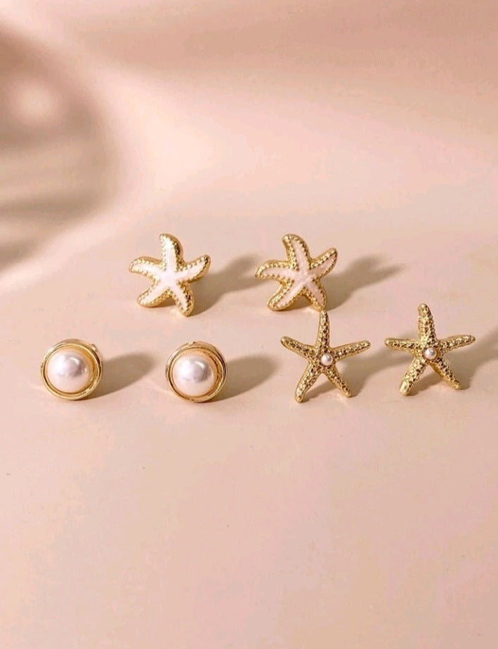 Set de 3 Pares de Pendientes con Diseño de Estrella de Mar y Perlas GR02